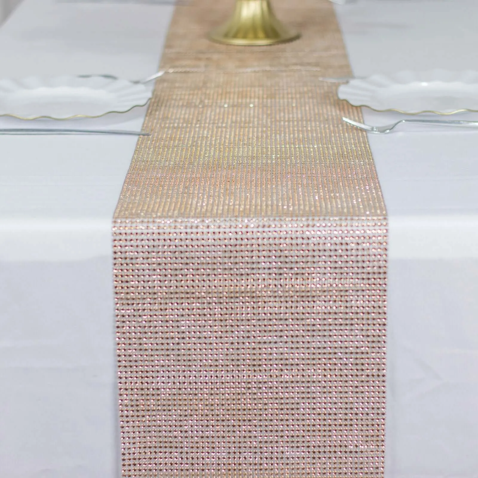 10"x108" Champagne Diamond Rhinestone Mesh Table Runner, Crystal Rhinestone Ribbon Bling Roll