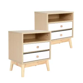 2x Bedside Table | Side Storage Cabinet | Nightstand | Bedroom 2 Drawer | ANYA | Oak