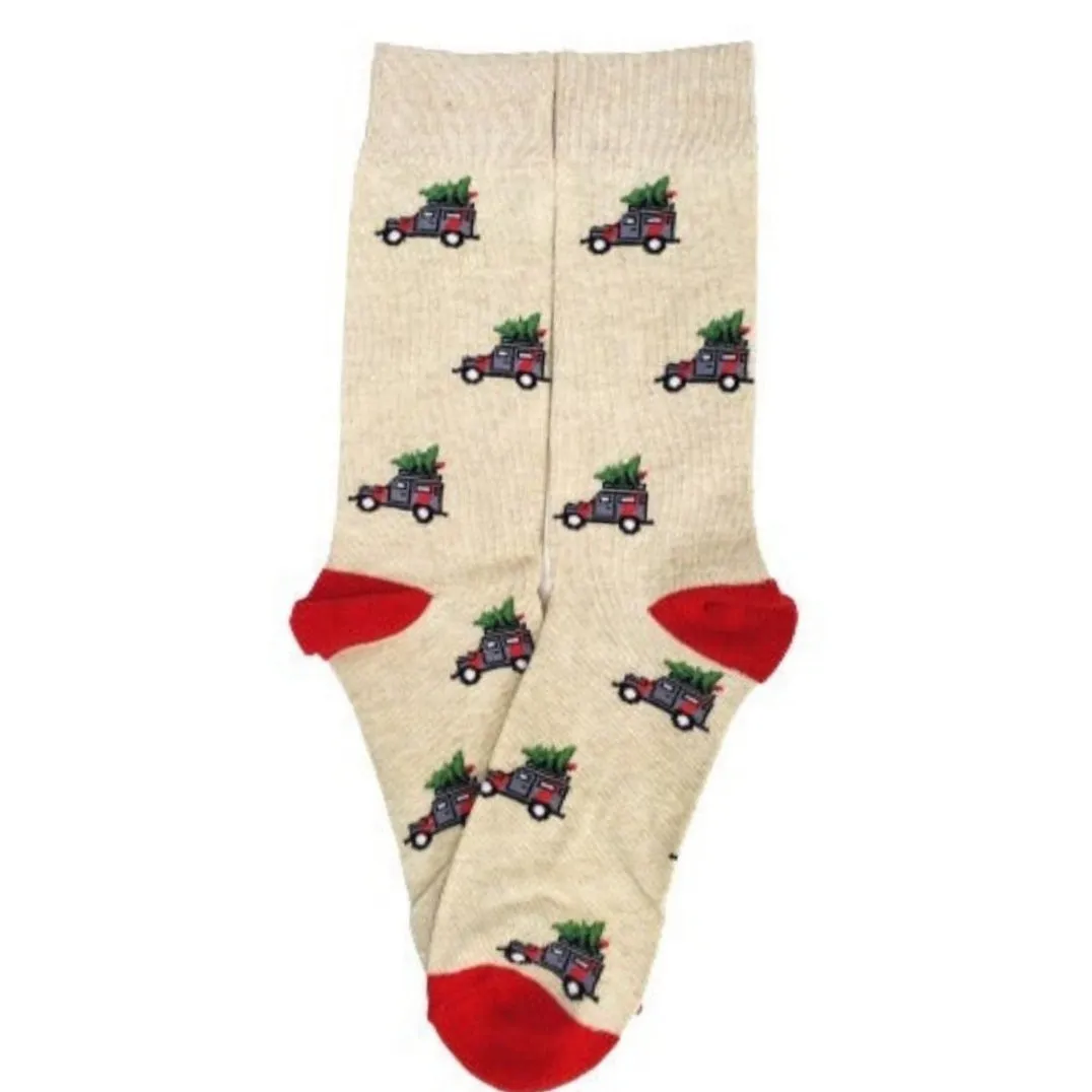 Christmas Tree on Wagons Crew Socks (Adult Medium - Women's Shoe Sizes 5-10)