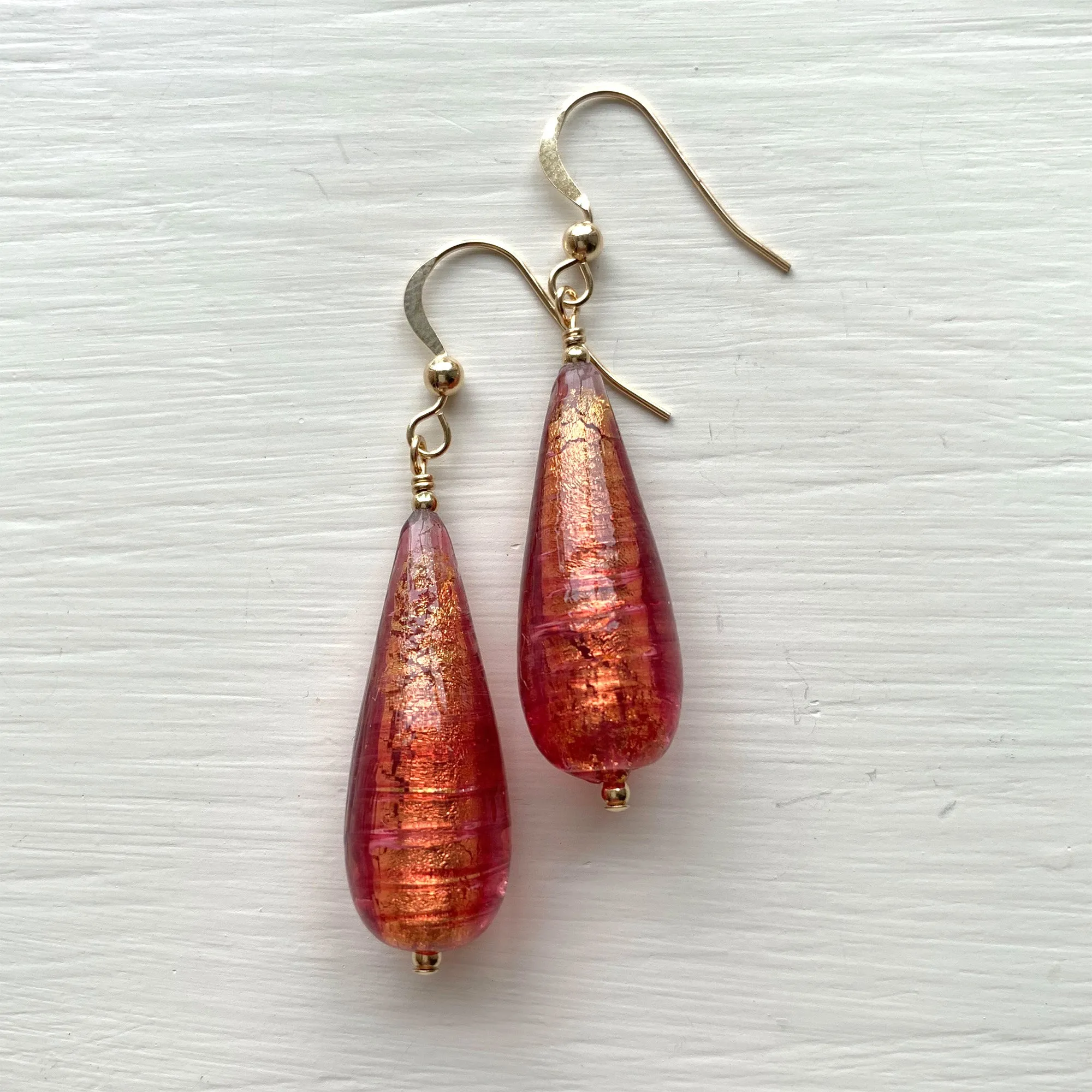Earrings with burnt orange (rose pink) Murano glass long pear drops on silver or gold