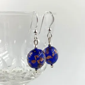 Earrings with dark blue (cobalt) and aventurine Murano glass mini lentil drops on silver or gold