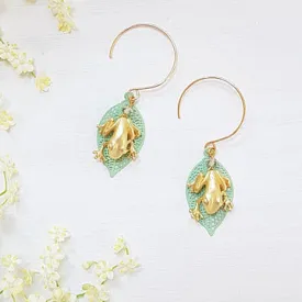 Melanie Hand Earrings - Frog and Green Leaf