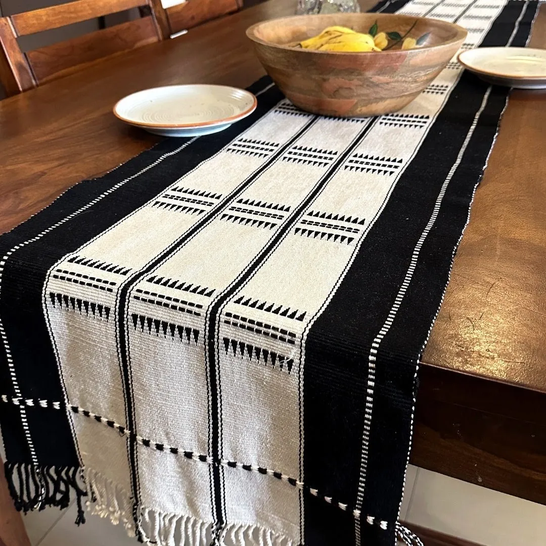 Monochrome Table Runner With Black And White Stripes| Eco Friendly Sustainable Handwoven Tableware | Handmade In India