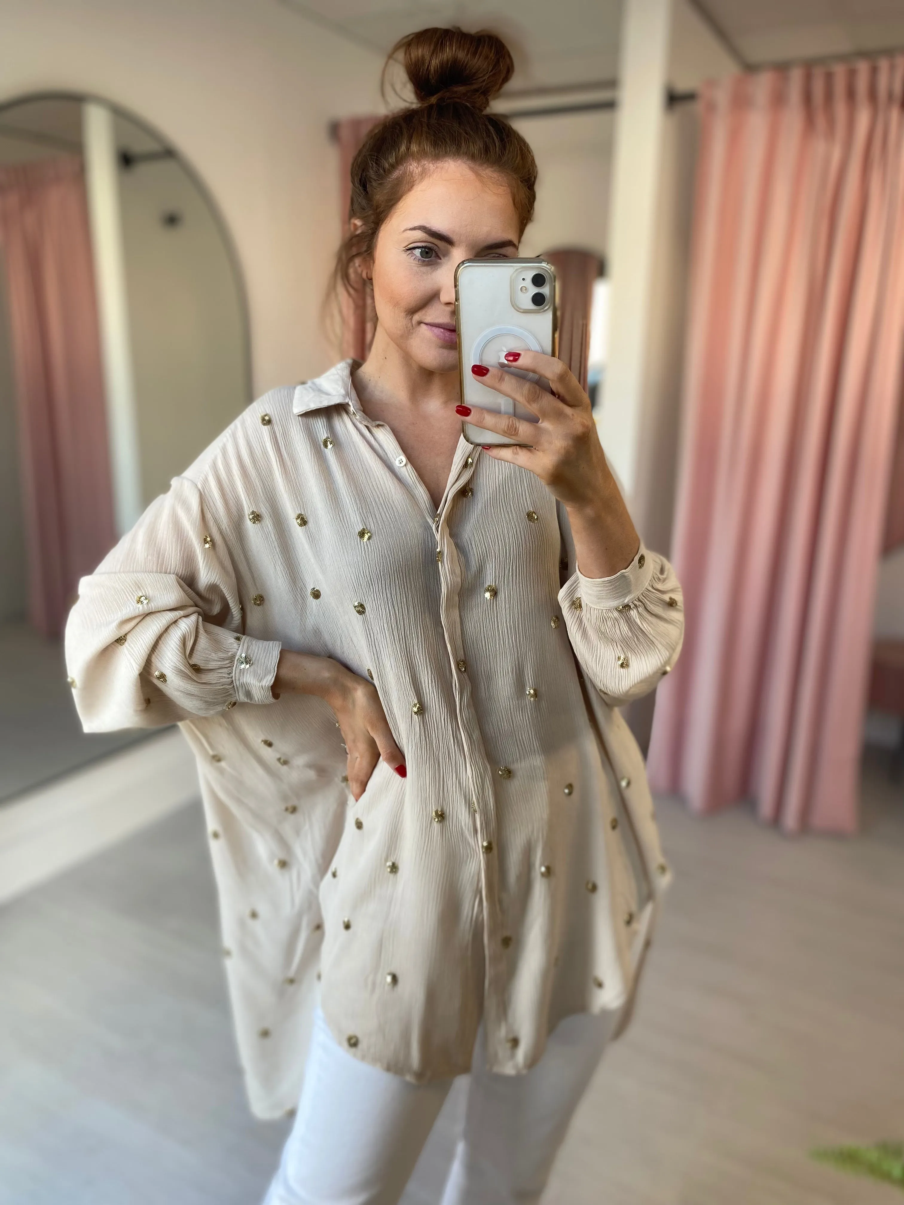 Oversized Spot Sequin Shirt - Stone